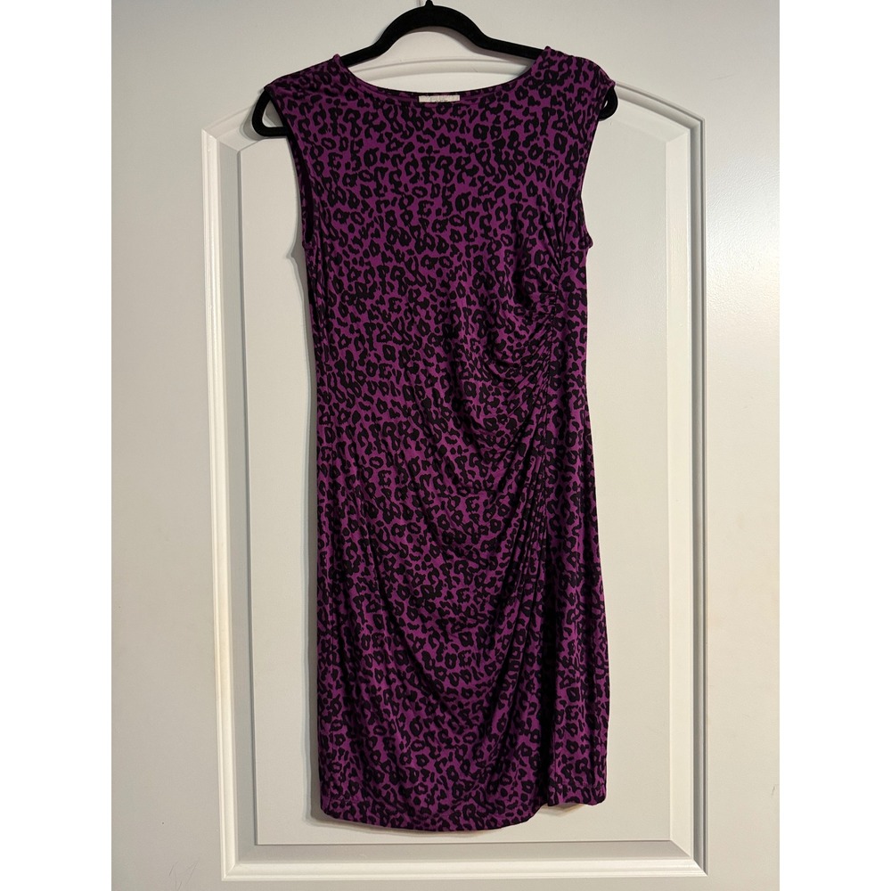 LOFT Sheath Dress Women XS Purple Leopard Print Ruched Sleeveless Chic Mob Wife
